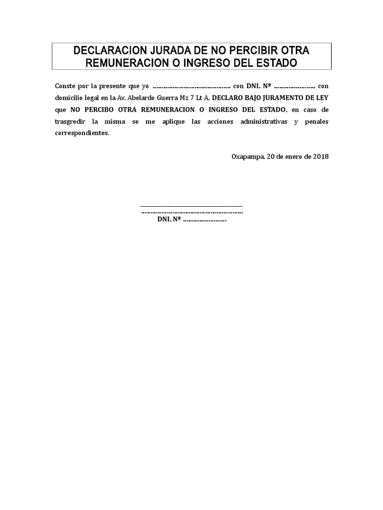 Declaración Jurada de No Ingresos | PDF