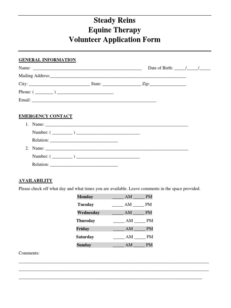 Equine Therapy Volunteer Application Form | PDF | Business