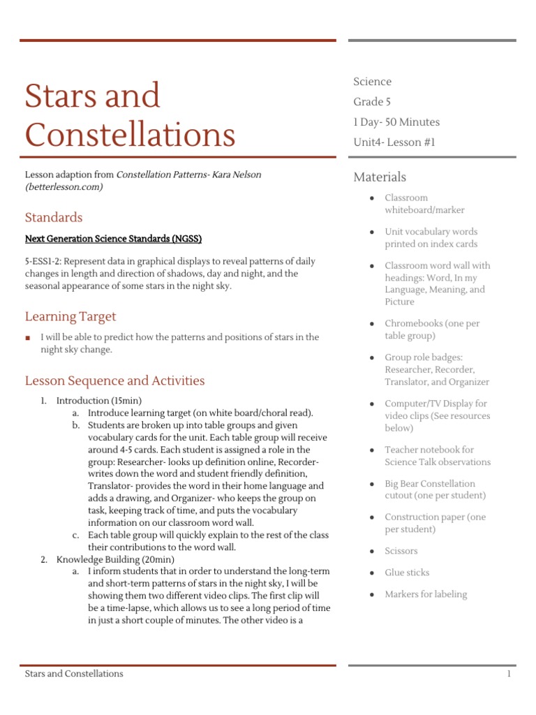 Stars and Constellations Lesson Plan | PDF | Classroom | Vocabulary