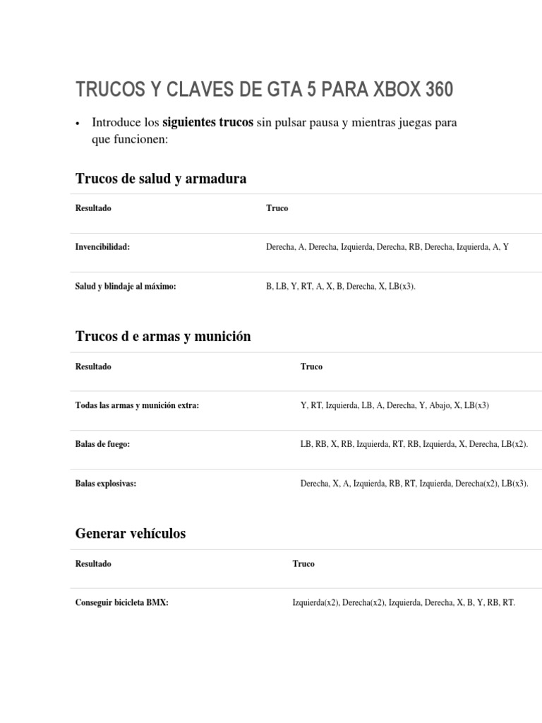 Trucos de GTA 5 para Xbox 360 | PDF | Ocio | Deportes
