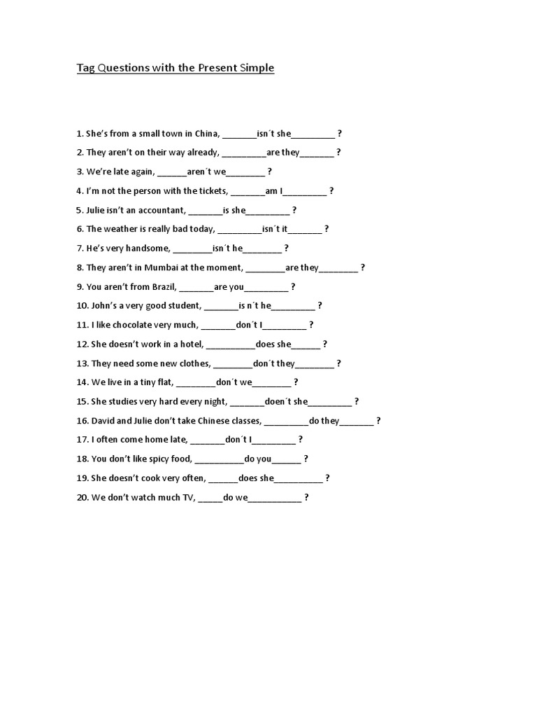 Tag Questions and Prepositions Exercises | PDF | Syntax | Linguistic ...