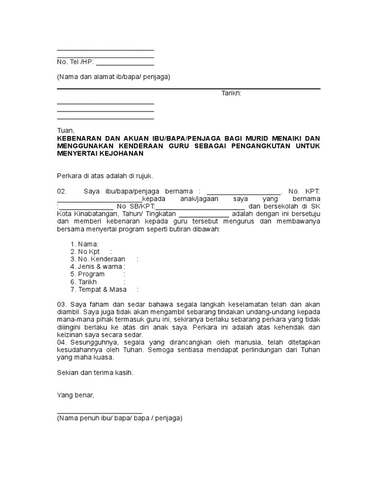 Surat Kebenaran Dan Akuan Ibu Bapa Bagi Murid Menaiki Kenderaan