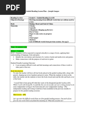 guided reading lesson plan - grade 6