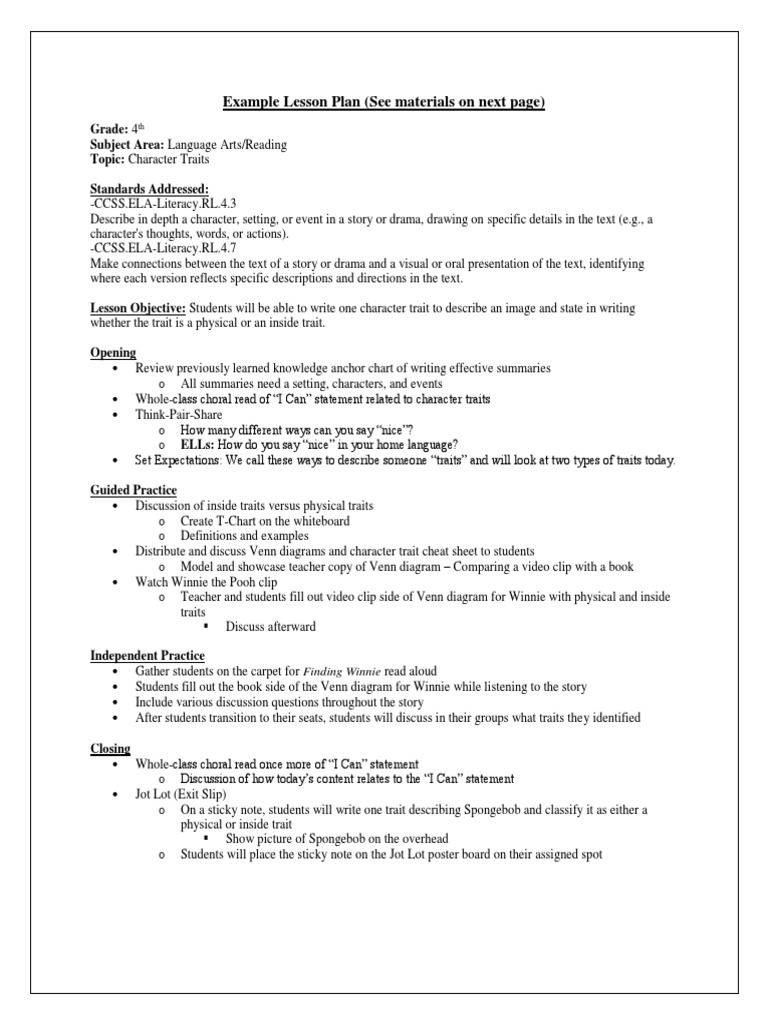 Example Lesson Plan (See Materials On Next Page) | PDF | Lesson Plan ...