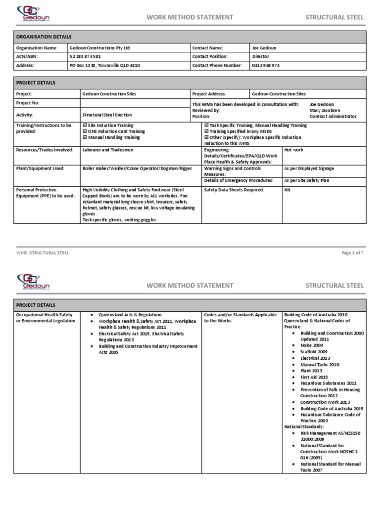 Structural Steel Erection Method Statement | PDF | Occupational Safety ...