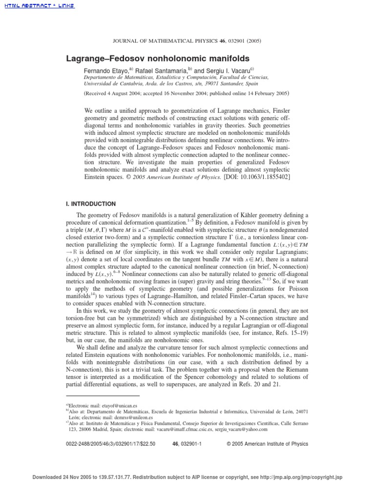 LagrangeFedosov Nonholonomic Manifolds PDF Differential Geometry