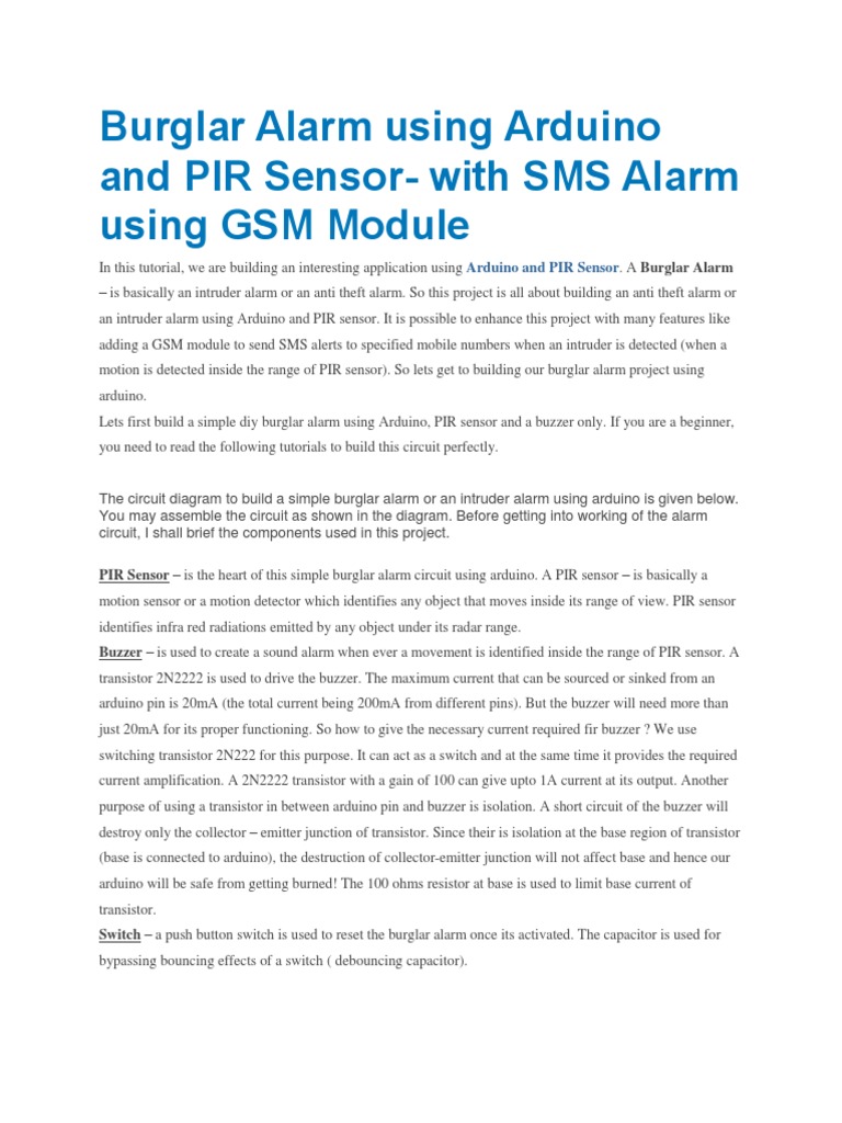 Burglar Alarm Using Arduino and PIR Sensor Circuit Diagram