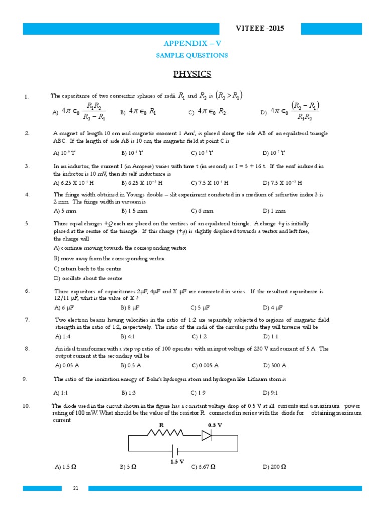 VITEEE 2015 Physics Sample Paper PDF | PDF