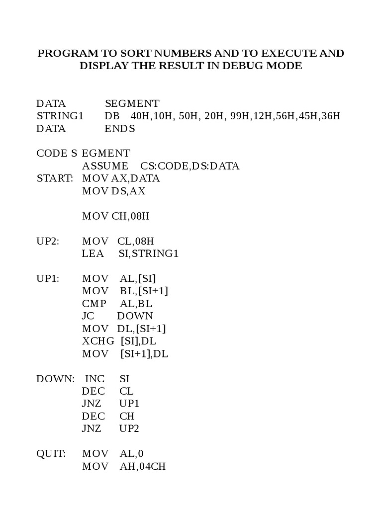 Program To Sort Numbers and To Execute and Display The Result in Debug ...