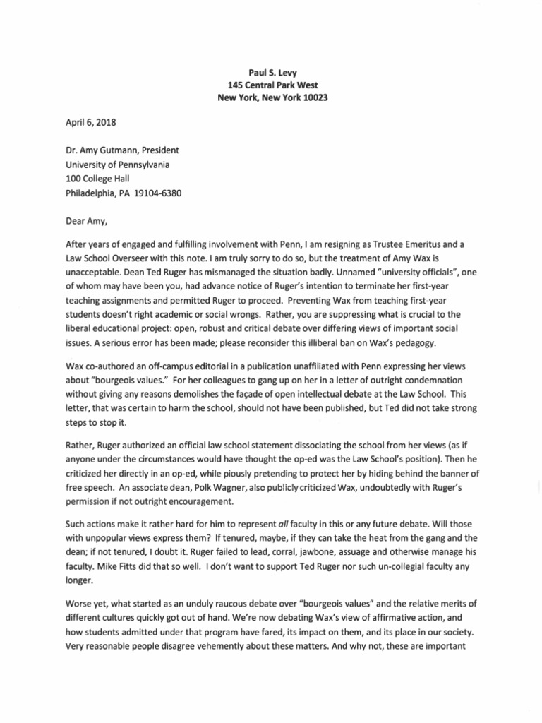 Paul S. Levy's Resignation Letter To The University of Pennsylvania in  Response To Amy Wax Punishment | PDF | Affirmative Action | Academia