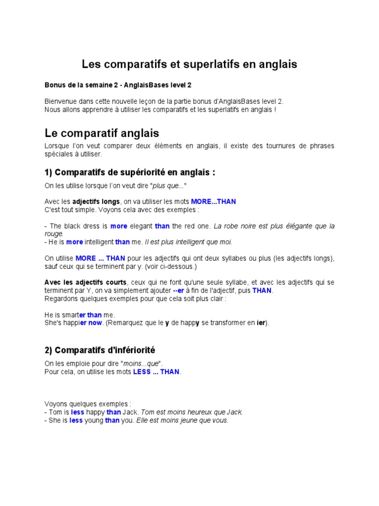 Comparatif Superlatif Anglais Exercice Corrigé Bonus2 Comparatifs Superlatifs Anglais | PDF | Linguistique | la  communication
