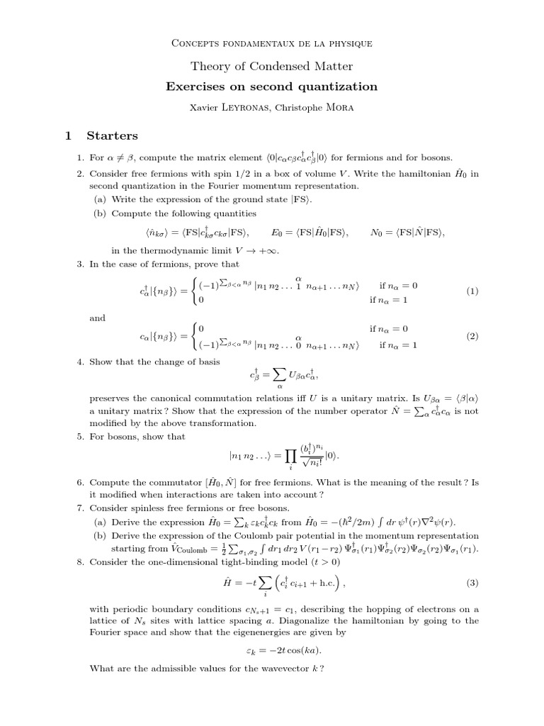 TD Second Quantization PDF Spin (Physics) Hamiltonian (Quantum