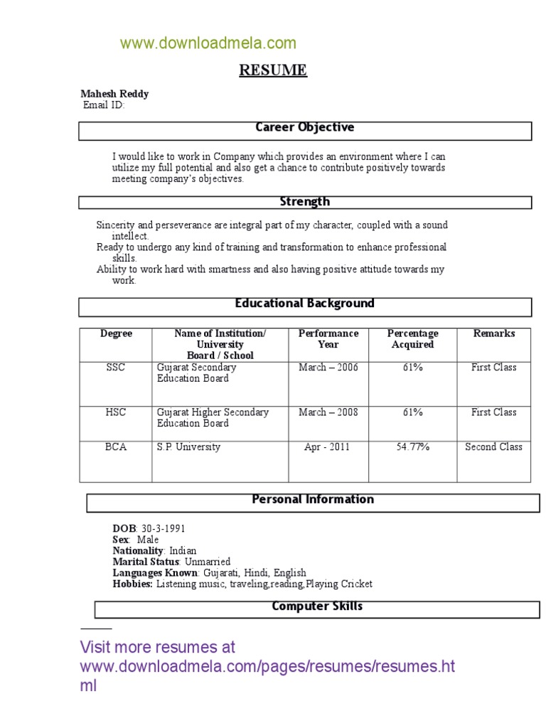 resume format for freshers bca