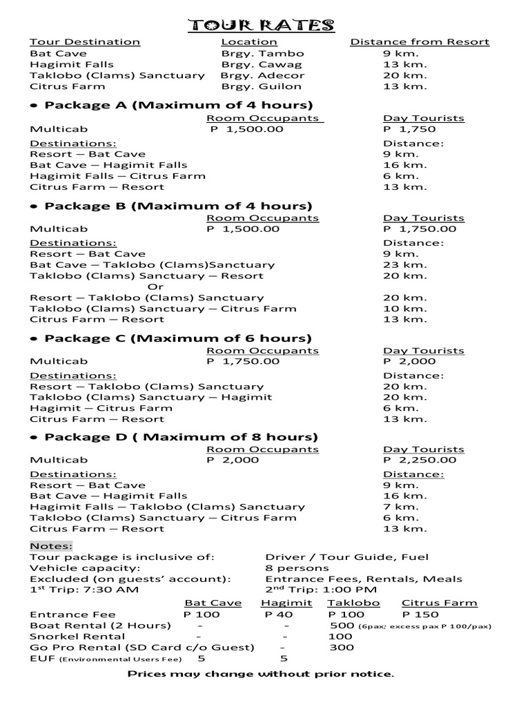 Tour Rates: Package A (Maximum of 4 Hours) | PDF | Resort | Transport