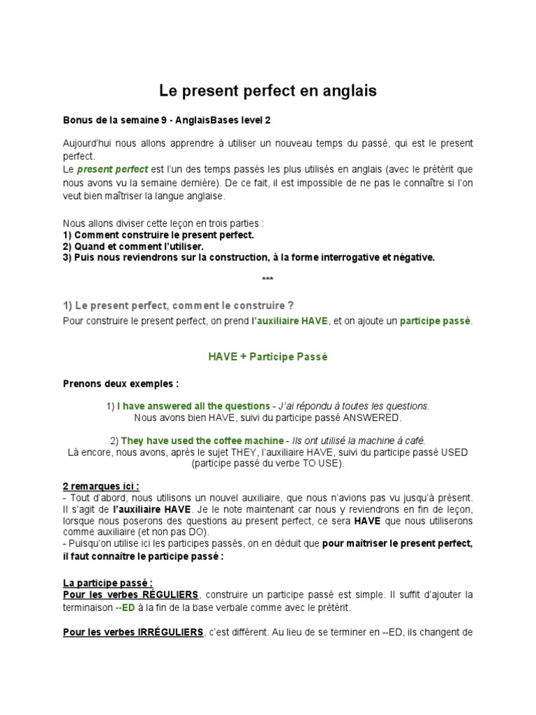 Exemple De Phrase Au Present Perfect Bonus9 Present Perfect | PDF | Verbe | Morphologie linguistique