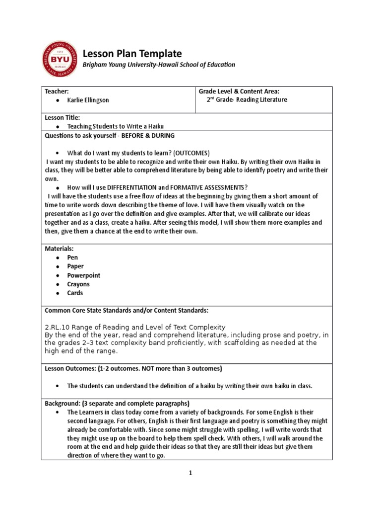 Lesson Plan Template: Brigham Young University-Hawaii School of ...
