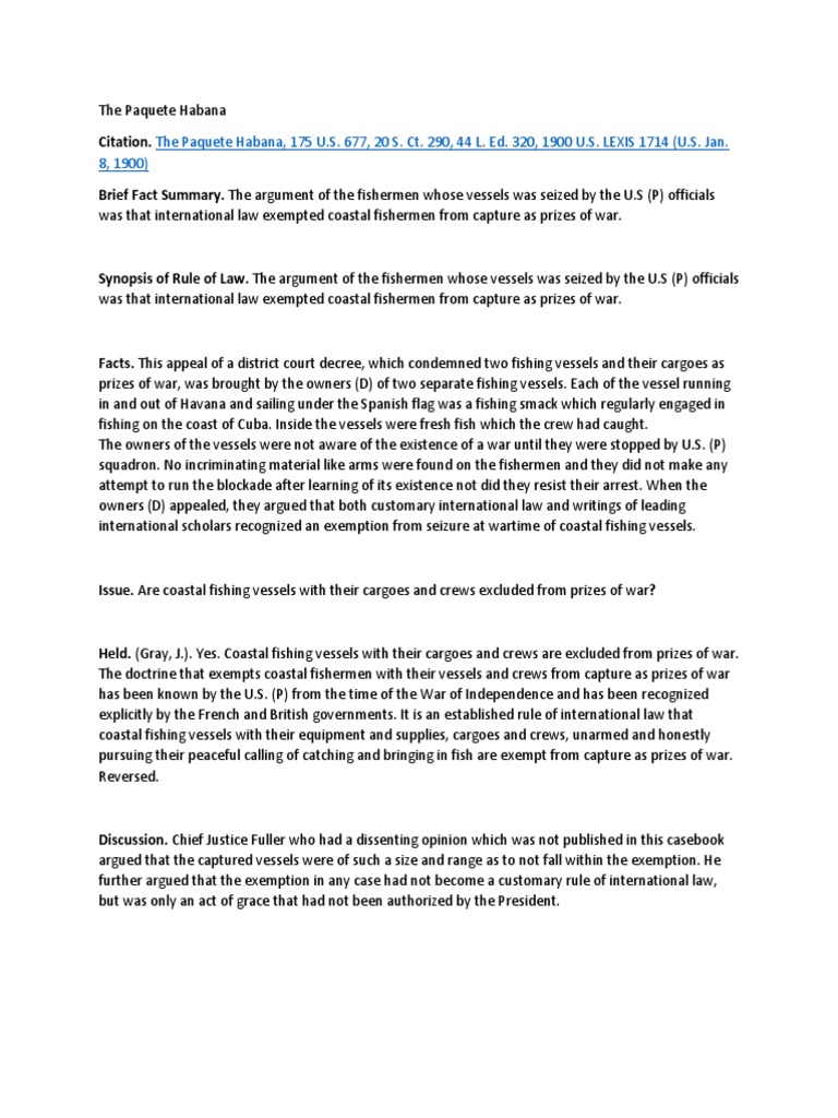 The Paquete Habana Case PDF Prize (Law) United States Federal