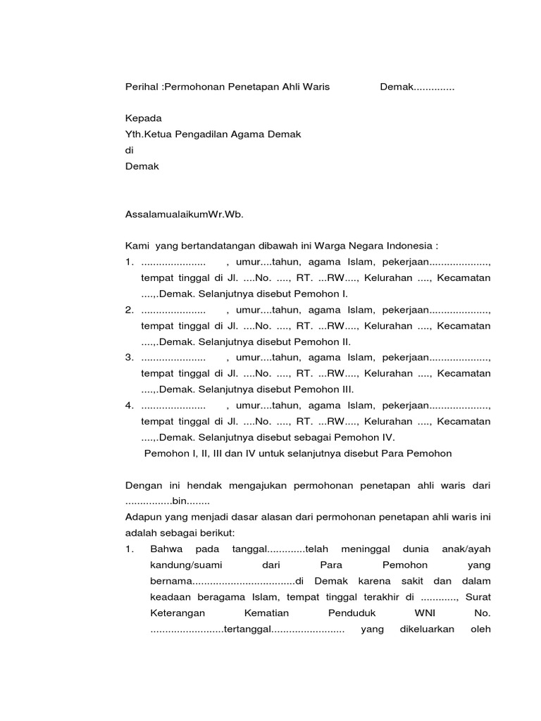 Contoh Permohonan Penetapan Waris Pdf