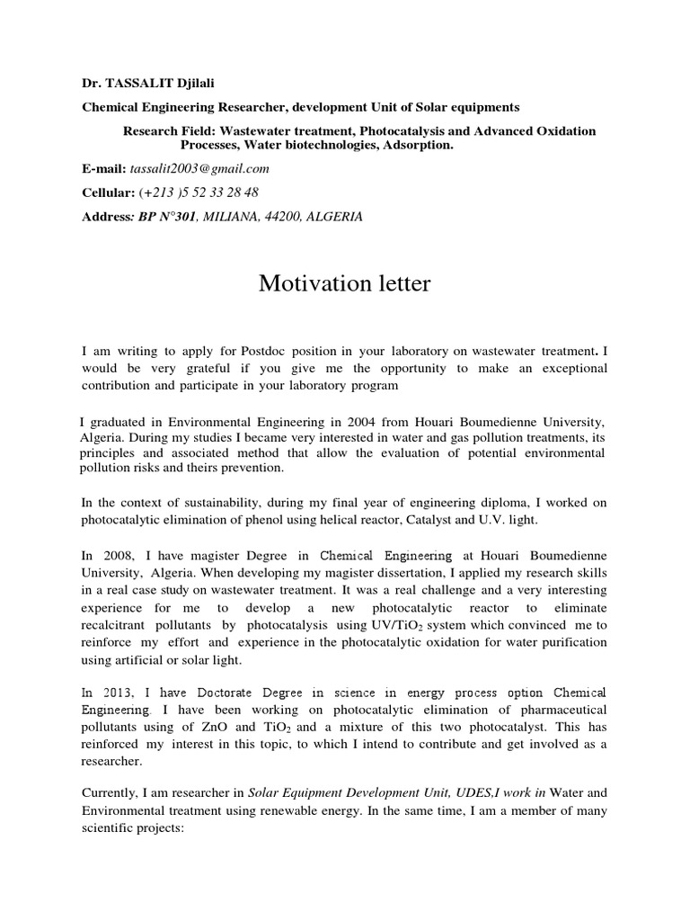 Motivation Letter Postdoc  PDF  Sewage Treatment  Water