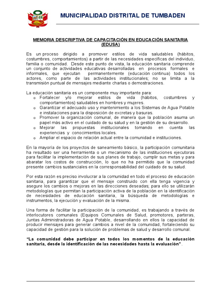 Capacitación en Educación Sanitaria | PDF | Saneamiento | Promoción de ...