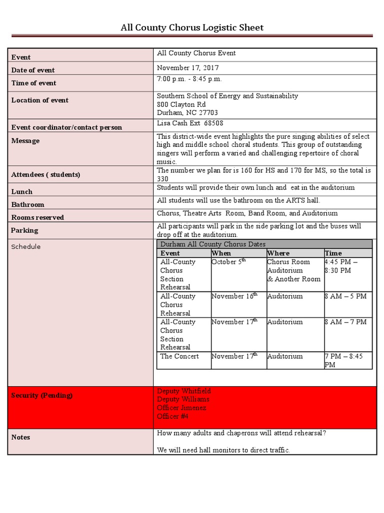 Logistics Sheet All County Chorus PDF Choir Vocal Music