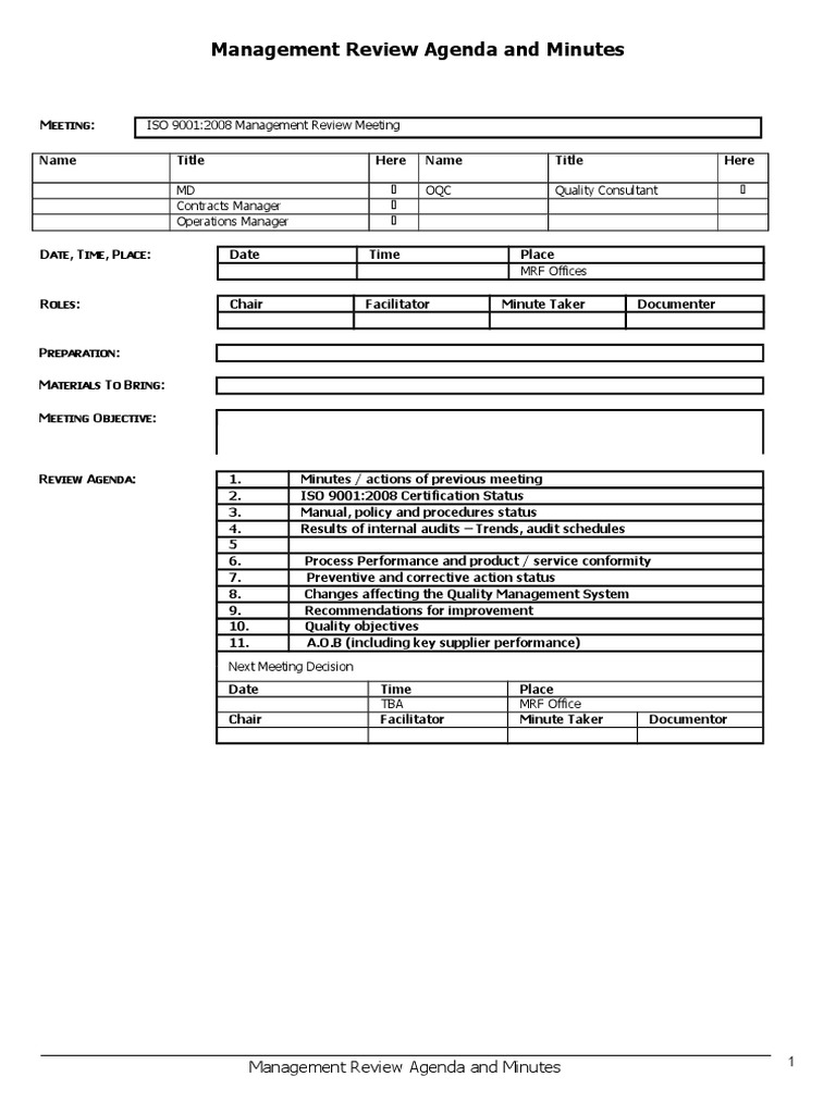 ISO 9001 Management Review Agenda | PDF | Iso 9000 | Audit