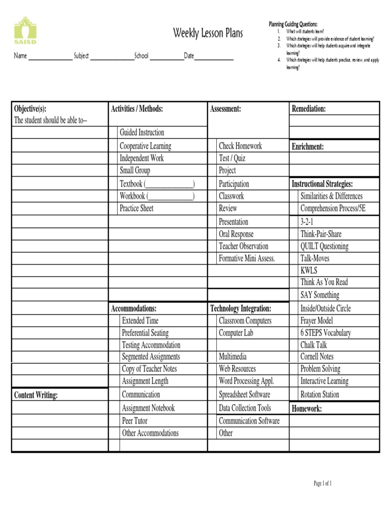 Weekly Lesson Plans: Remediation: Objective(s) : Activities / Methods ...