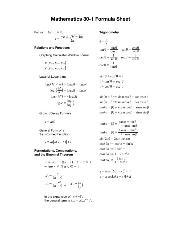 Grade 12 Maths Formula Sheet | PDF