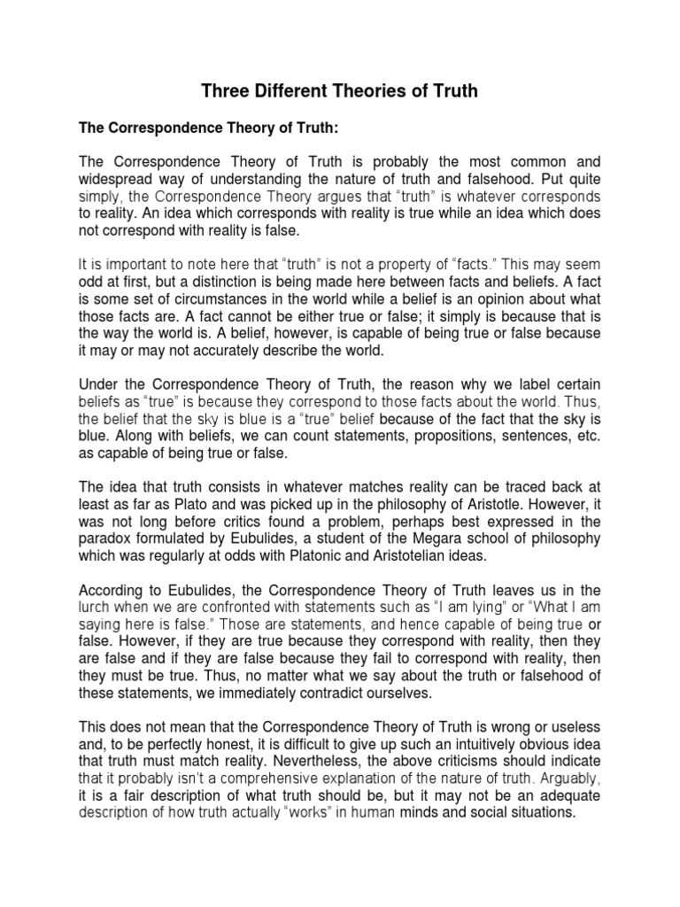 Three Different Theories of Truth PDF Correspondence Theory Of
