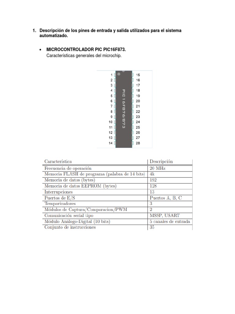 Características del PIC16F873 y pines I/O | PDF | Microcontrolador Pic ...