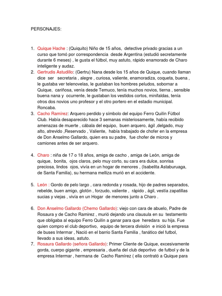 Personajes de "Quique Hache Detective" | PDF | Deportes | Ocio