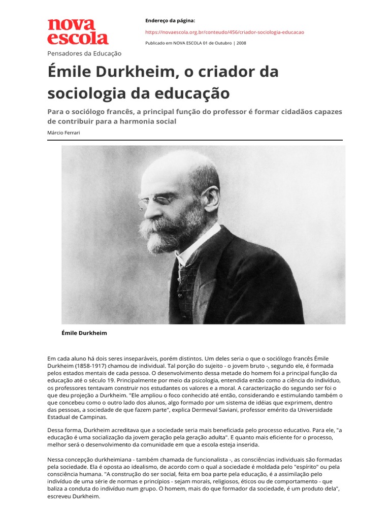 Emile Durkheim o Criador Da Sociologia Da Educacao | PDF | Émile ...