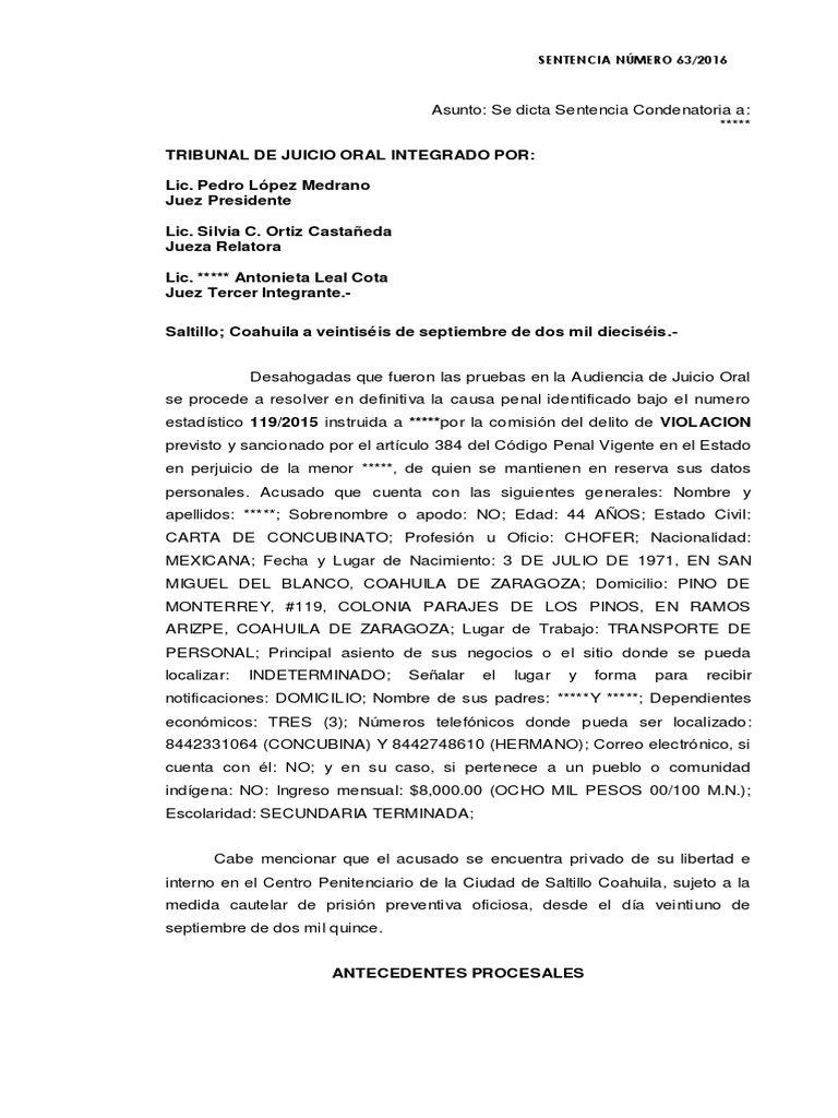 Ejemplo de Sentencia | Violación | Derecho penal