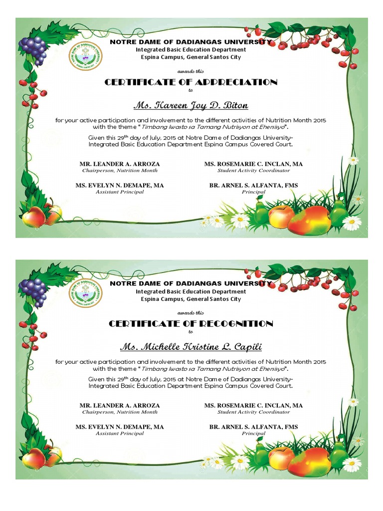 Certificate Nutrition Month | PDF | Wellness
