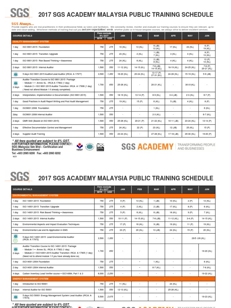 SGS CBE MY Academy 2017 Training Calendar Jan Jun PDF Business