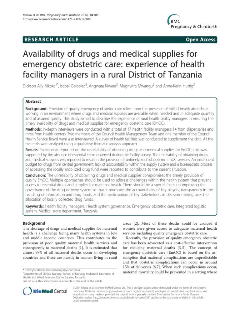 Availability of Drugs and Medical Supplies For Emergency Obstetric Care