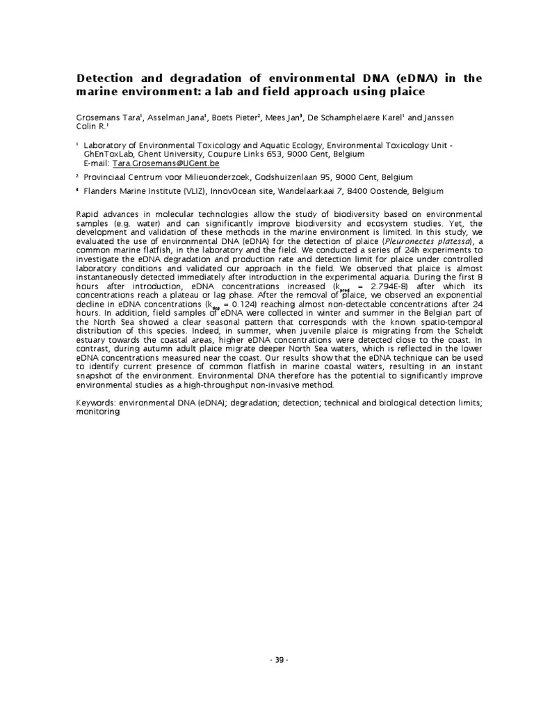 eDNA Detection of Plaice in Marine Ecosystems | PDF | Biogeochemistry ...