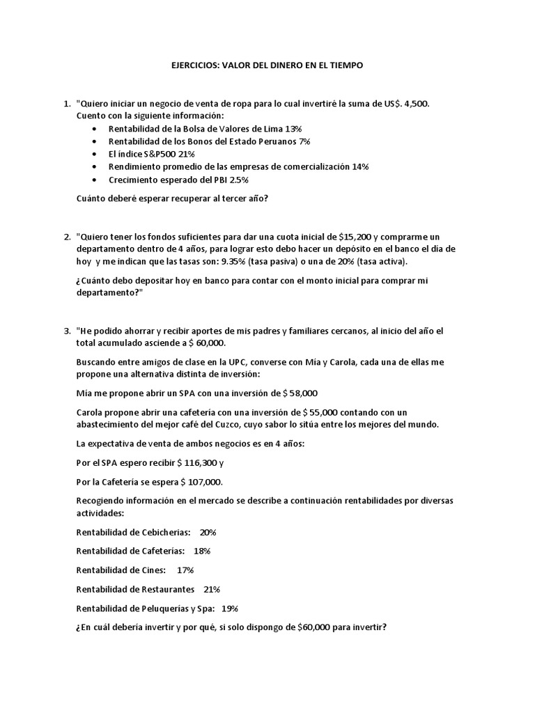Ejercicios Valor Del Dinero en El Tiempo | PDF | Euro | Bancos