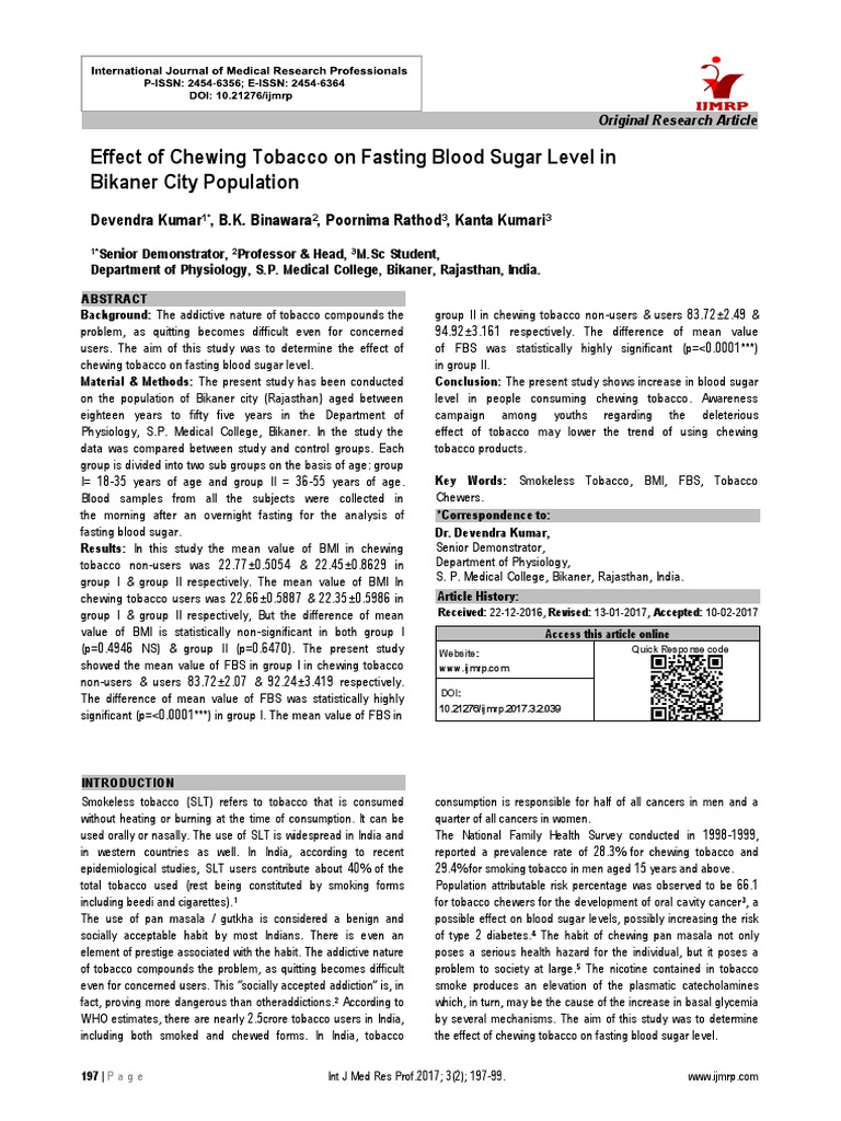 does chewing tobacco increase blood sugar levels Effect of Chewing Tobacco On Fasting Blood Glucose Levels | PDF | Tobacco  Smoking