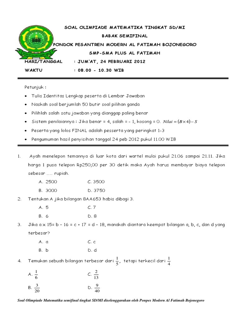 Soal Olimpiade Matematika Sd Semifinal 2012