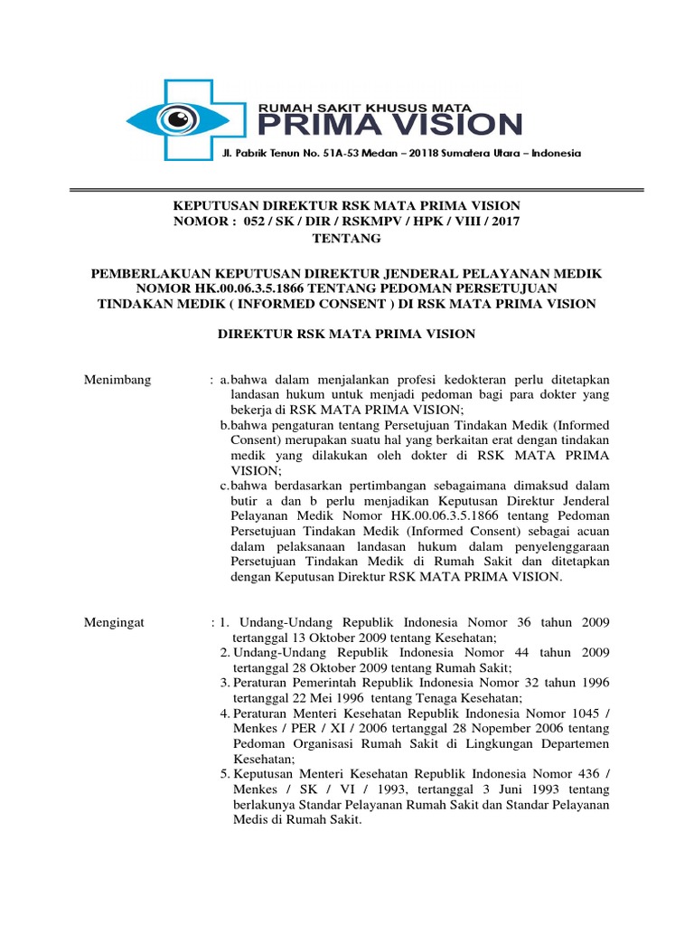 Sk Pemberlakuan Hk 00 06 3 5 1866 Ttg Persetujuan Tindakan Medik Pdf