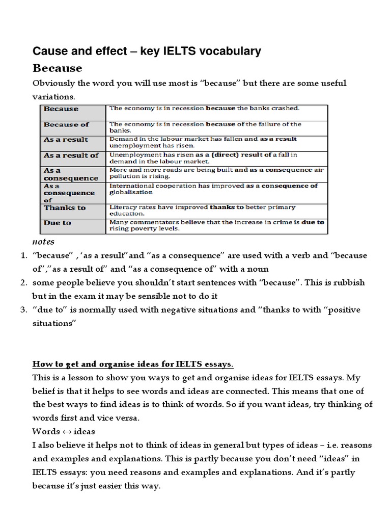 Cause and Effect - Key IELTS Vocabulary Because: Notes | Download Free ...