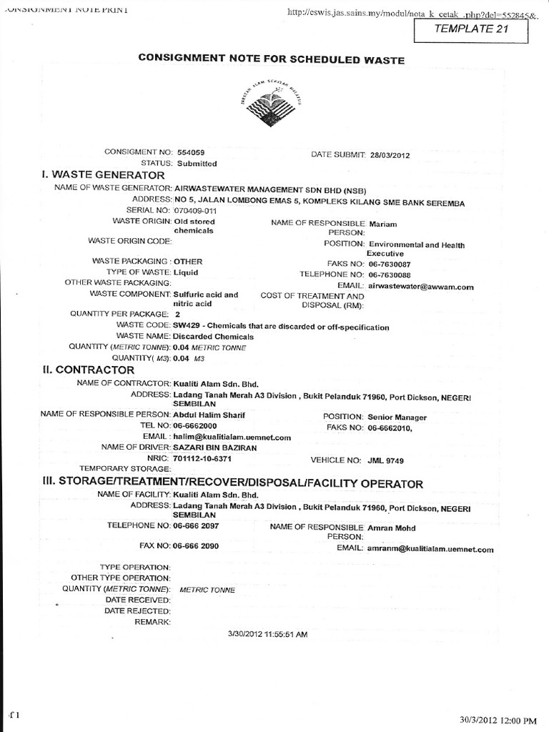 E-Consignment Note For Scheduled Waste  PDF With Regard To Waste Consignment Note Template