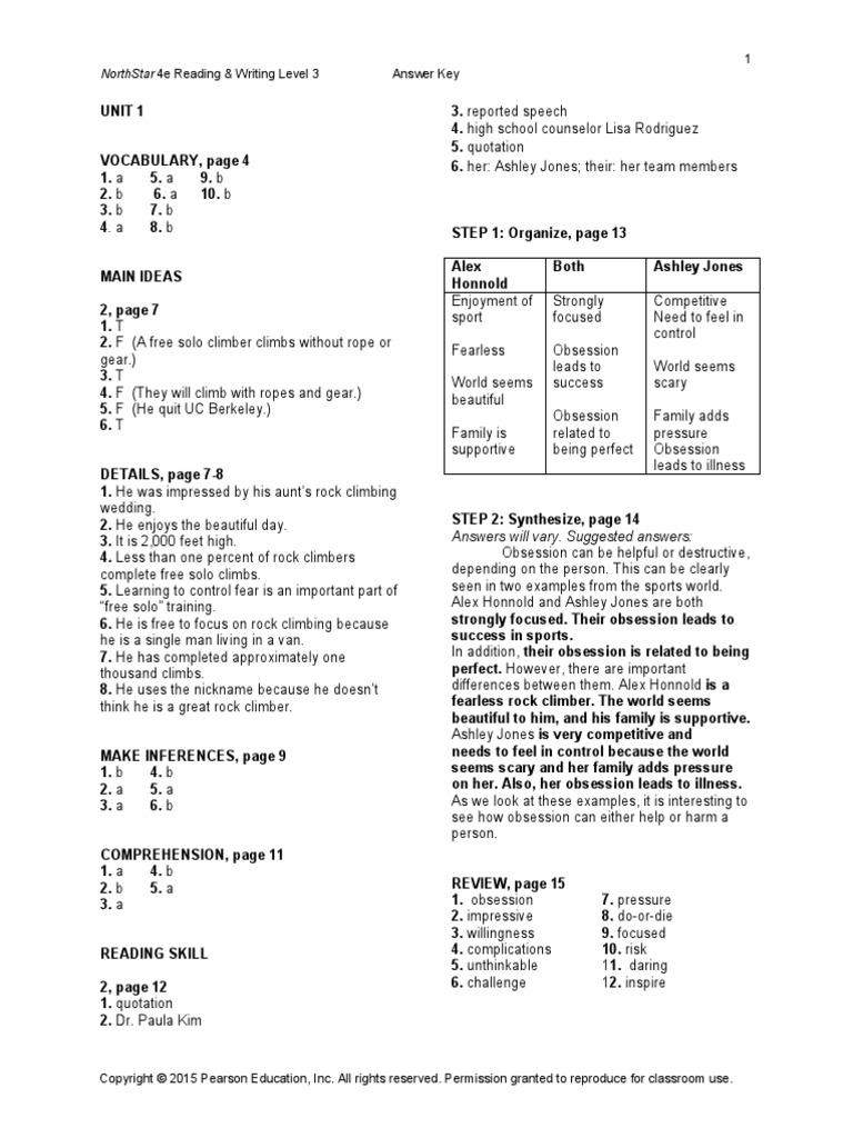 Northstar 4E Reading & Writing Level 3: 1 Answer Key | PDF