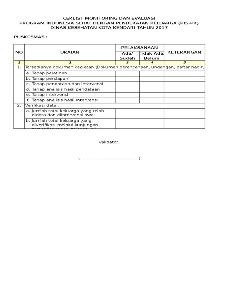 Ceklist Monitoring Dan Evaluasi Program Indonesia Sehat