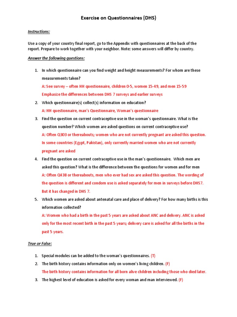 Day1AM - Exercise Questionnaire-Answer Key - 2017 - DHS | PDF ...