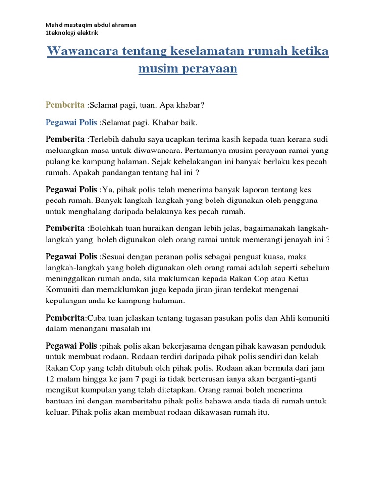 Wawancara Tentang Keselamatan Rumah Ketika Musim Perayaan Pdf