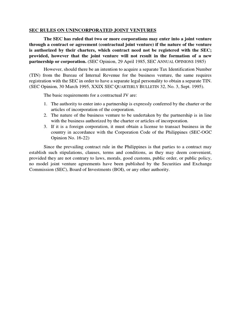 SEC Guidelines on Unincorporated JVs | PDF