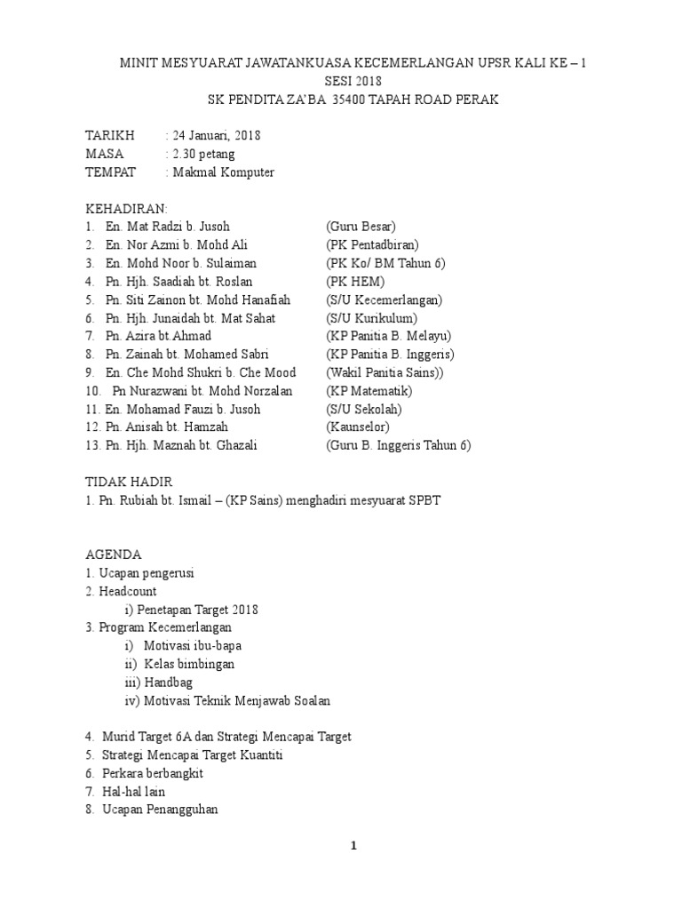 Minit Mesyuarat Kecemerlangan Pdf
