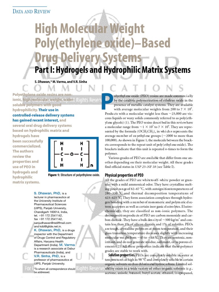 PEO Properties for Drug Delivery Systems | PDF | Polyethylene Glycol | Gel